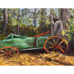 Original painting of abandoned old wagon painted red and green