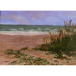 Painting of a twilight beach scene with light surf and a stand of sea oats on the right