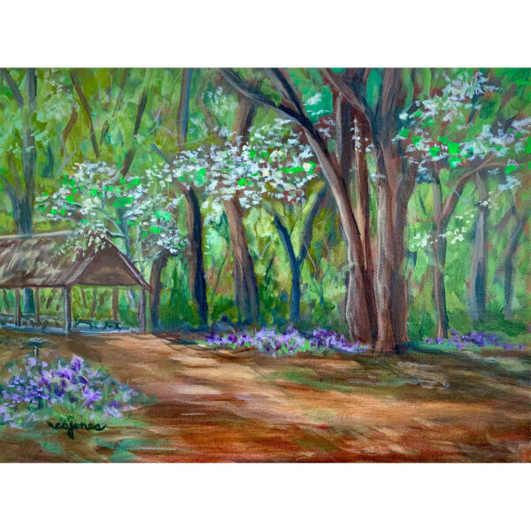 Original plein air painting of spring scene from the Metcalf Bottoms picnic area in the Great Smoky Mountains National Park. Features blue wildflowers and white dogwoods in bloom