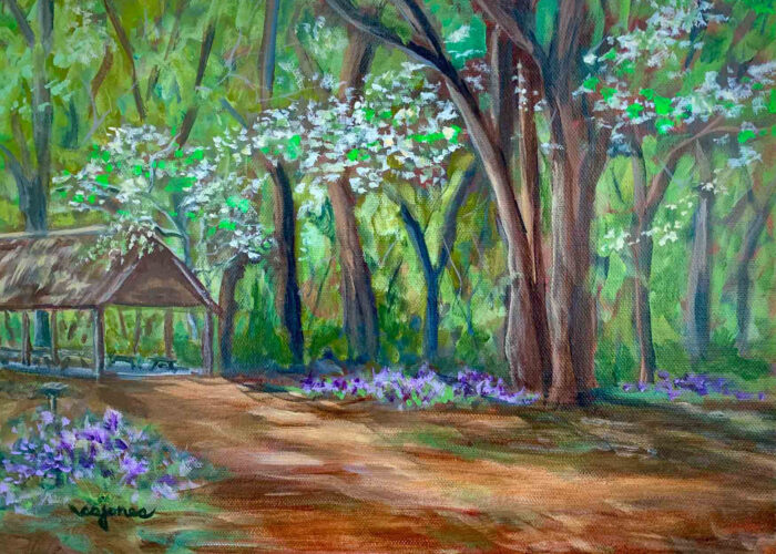Original plein air painting of spring scene from the Metcalf Bottoms picnic area in the Great Smoky Mountains National Park. Features blue wildflowers and white dogwoods in bloom